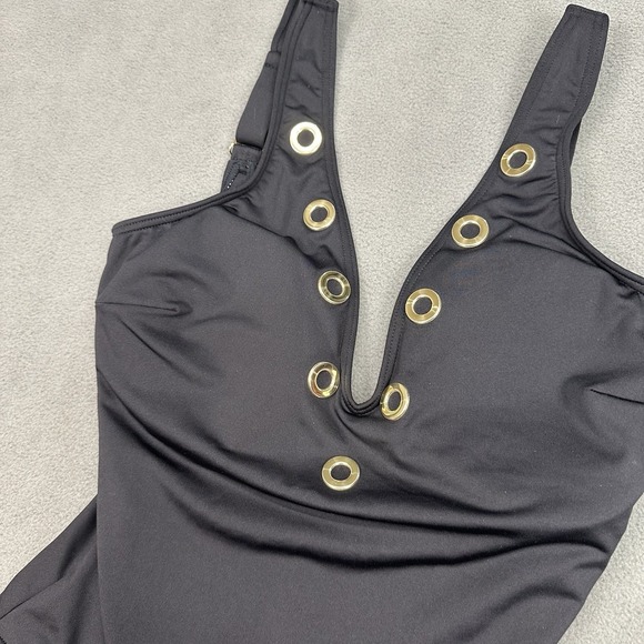 Michael Kors Black‎ One Piece Swimsuit Size 12 Gold Grommet Detail V Neck NWT - Picture 5 of 11